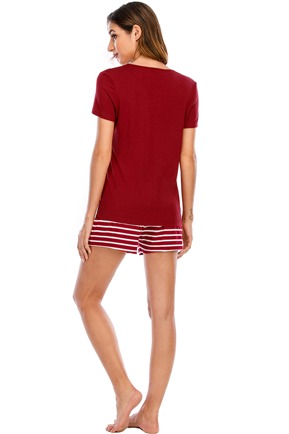 Graphic Round Neck Top and Striped Shorts Lounge Set