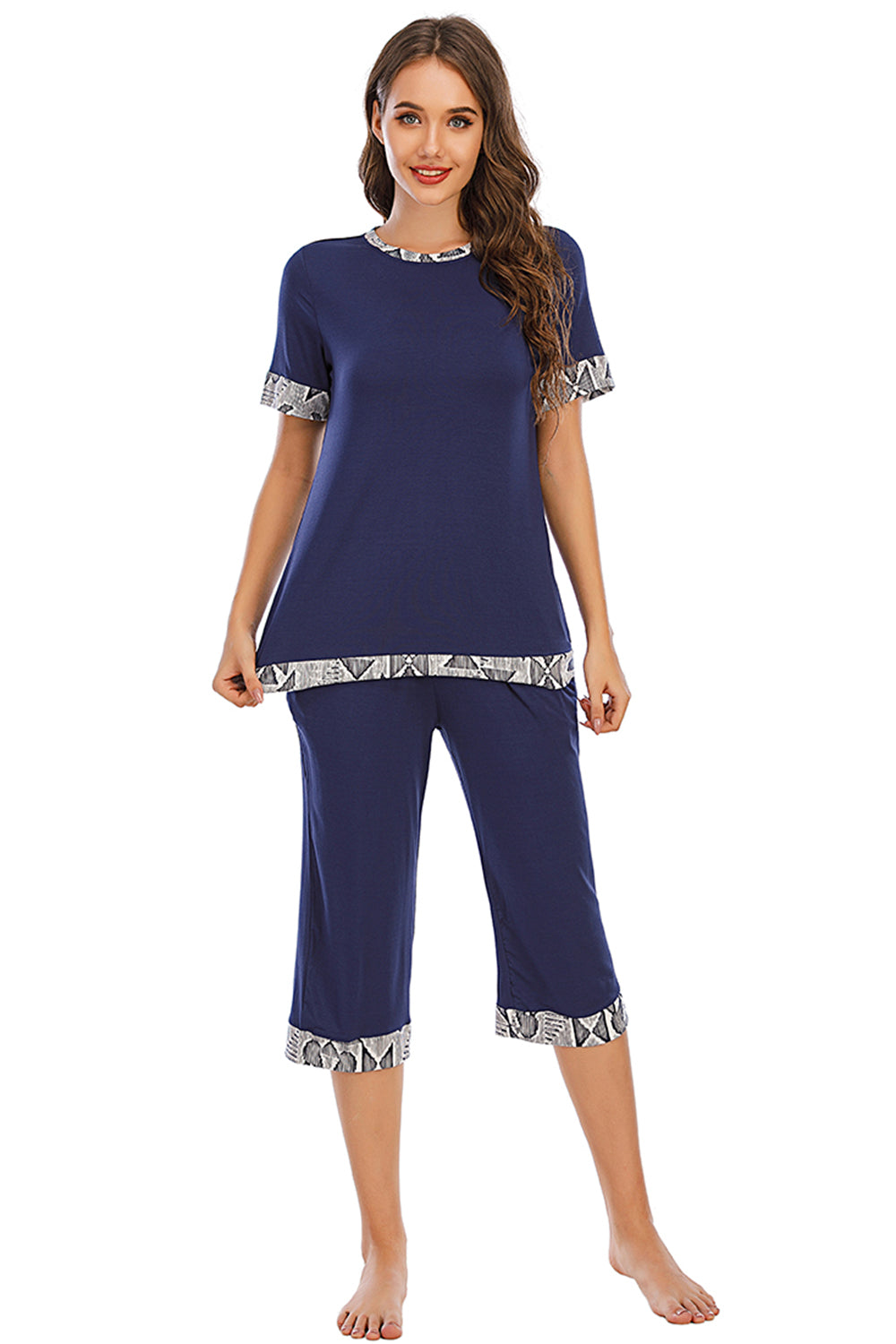 Round Neck Short Sleeve Top and Capris Pants Lounge Set