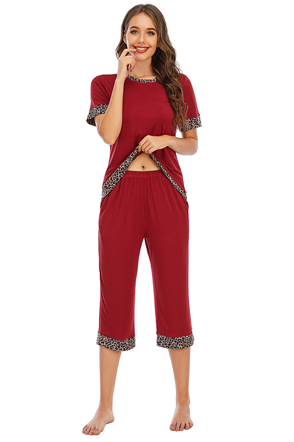 Round Neck Short Sleeve Top and Capris Pants Lounge Set