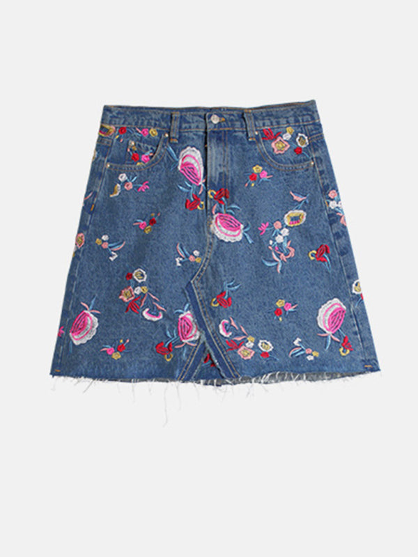 Women's Floral Embroidered High Waist Washed Denim Mid Skirt