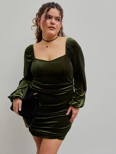 Plus Size Ruched Square Neck Balloon Sleeve Wrap Dress