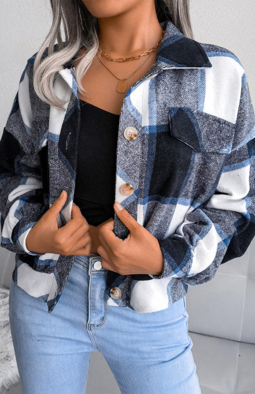 Women’s Point Collar Front Button Closures Cropped Plaid Shirt Jacket