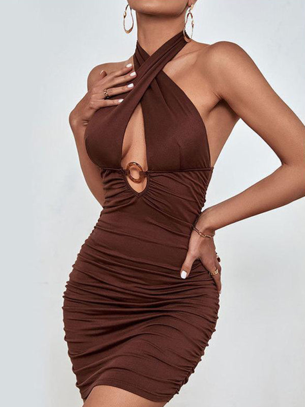 Hot girl nightclub outfit solid color hollow sexy dress