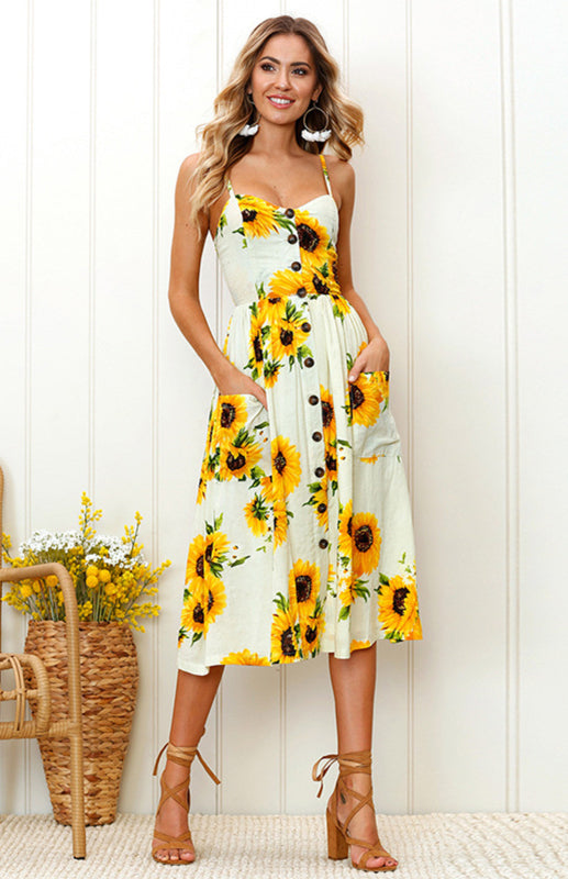 Women's Printed Halter, Button And Backless Dress