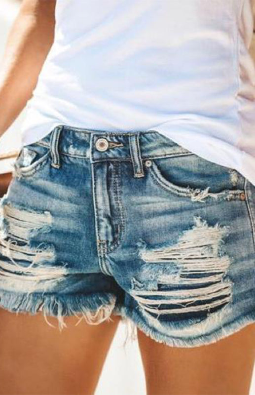 Women's High-Waisted, Fringed, Cut-Out Denim Shorts