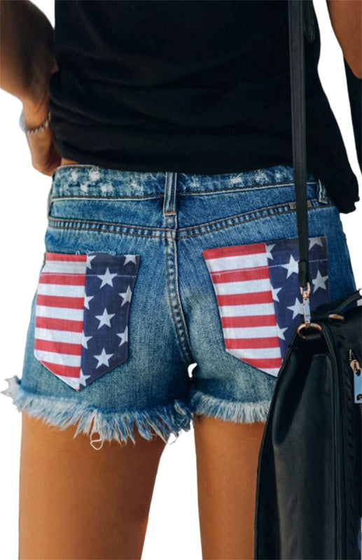 Women's American Flag Pocket Distressed Raw Hem Denim Shorts