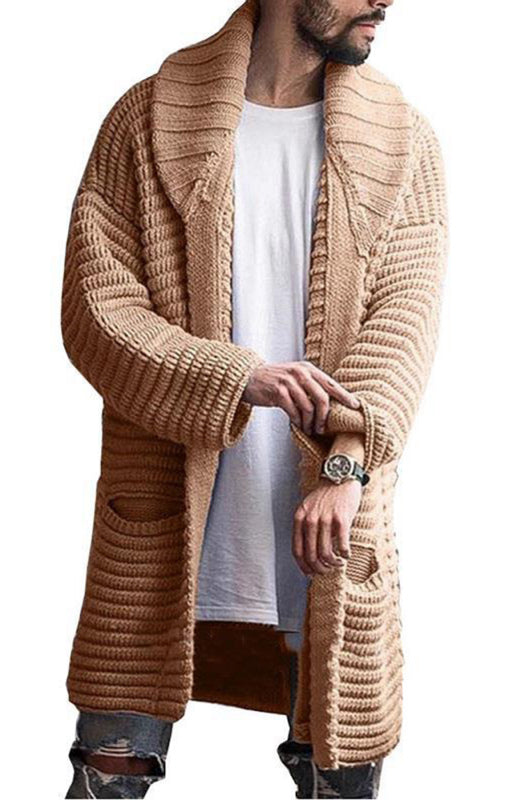 Men's Mid-Length Cardigan Lapel Long Sleeve Knitted Jacket