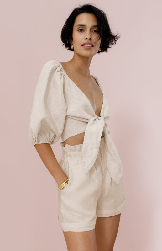 Women's Fashion Sexy Cotton Linen Cardigan Top Pocket Shorts Casual Suit