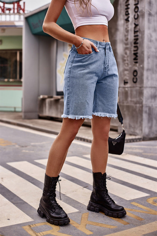 New all-match raw edge straight denim cropped pants casual shorts