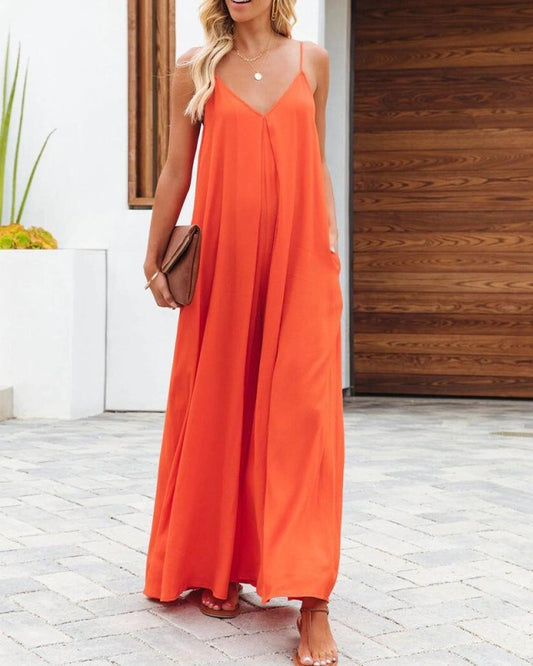 New cross-border solid color side pocket casual jumpsuit