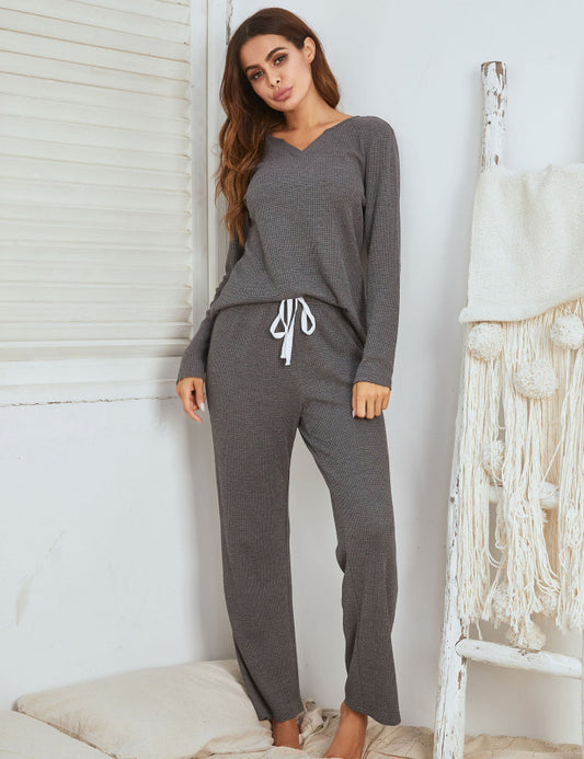 Women's Solid Color Waffle Knit Long Sleeve Top And Pants Sets