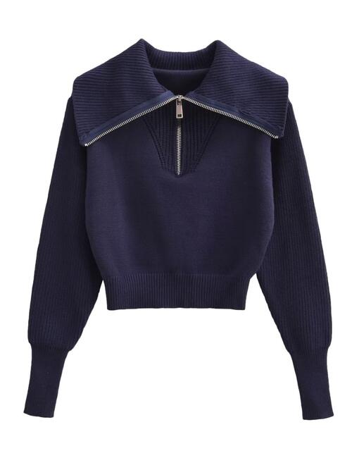 Half Zip Ribbed Collared Neck Knit Top