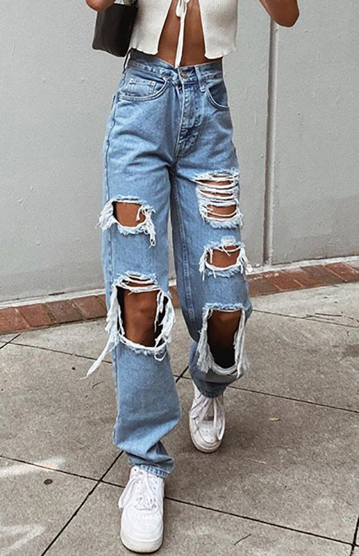 Ladies Ripped Wash Style Denim Trousers