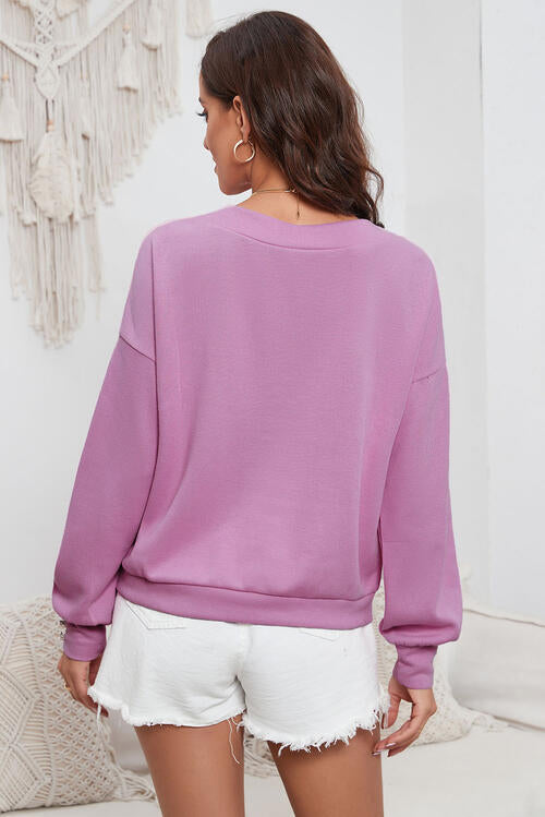 V-Neck Buttoned Long Sleeve Knit Top