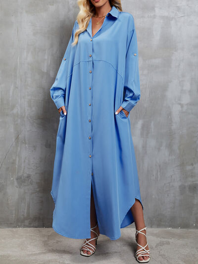 Button Up Dropped Shoulder Roll-Tab Sleeve Dress