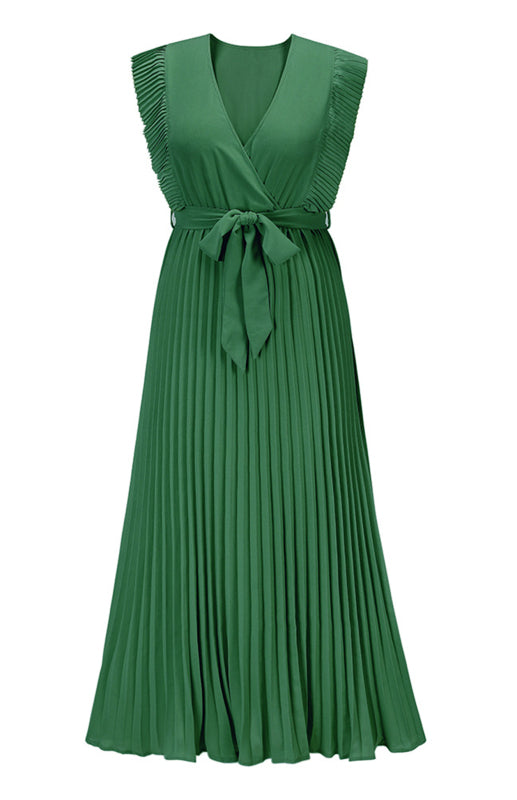 Women's Solid Color Curve Pleated Flutter Sleeve Tie Waist Maxi Dress