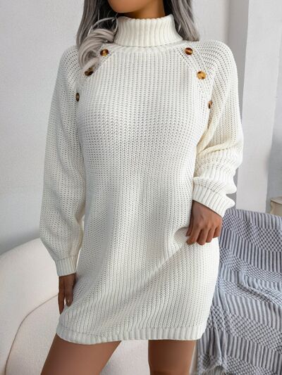 Decorative Button Turtleneck Sweater Dress