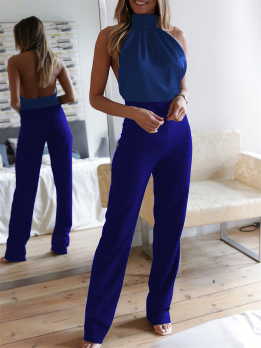 Women's Sexy Temperament Solid Color Halter Neck Backless Slim Jumpsuit