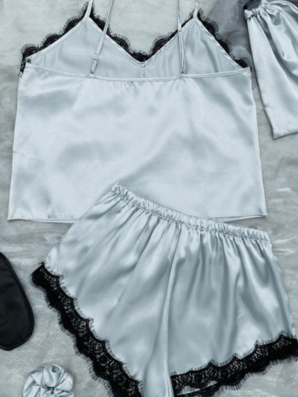 Women's Contrasting Color Lace Camisole + Shorts Pajamas Two-Piece Set
