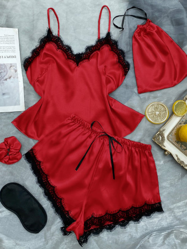 Women's Contrasting Color Lace Camisole + Shorts Pajamas Two-Piece Set