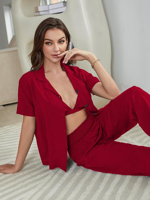 Women's solid color knitted casual pajamas three-piece set