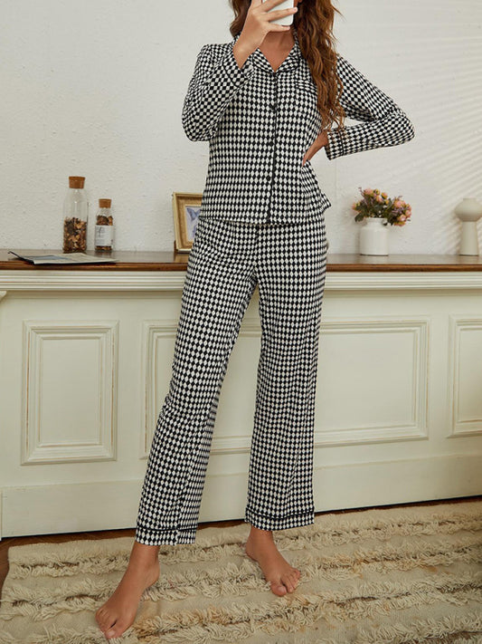 Women's Rhombus Long Sleeve Trousers Homewear Set