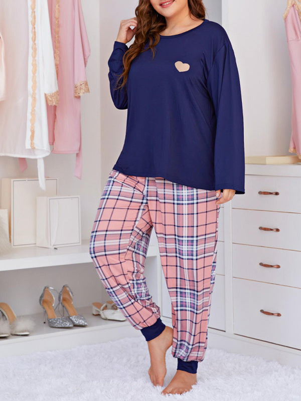 Plus Size Women's Long Sleeve Plaid Trousers Home Pajamas Set