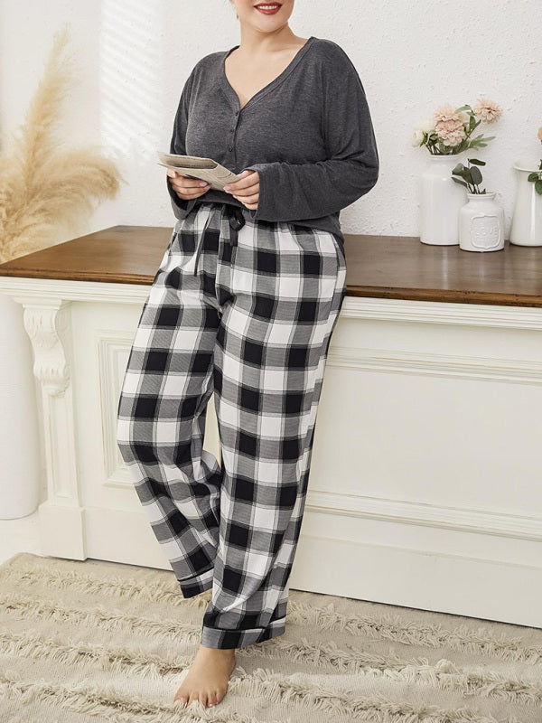 Plus size women's V-neck long-sleeved T-shirt plaid trousers home pajamas set
