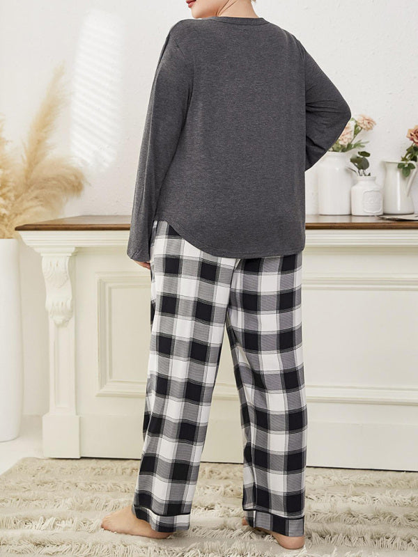 Plus size women's V-neck long-sleeved T-shirt plaid trousers home pajamas set