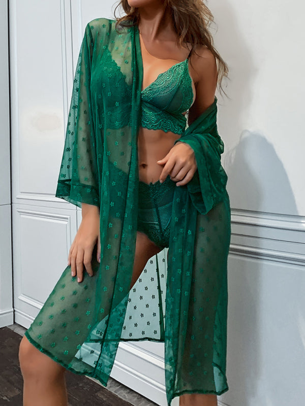 Women's sexy mesh see-through pajamas four-piece long coat bra underwear set