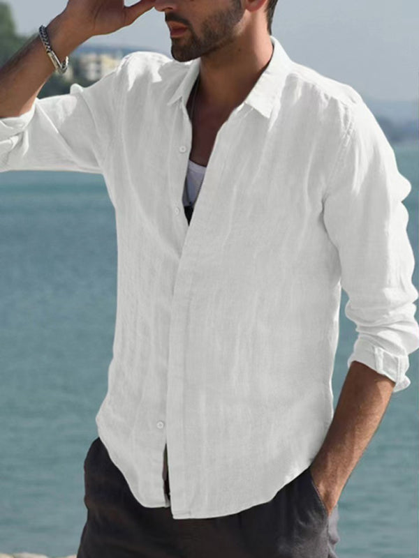 Men’s Casual Long Sleeve White Linen Button Down With Collar And Long Sleeves
