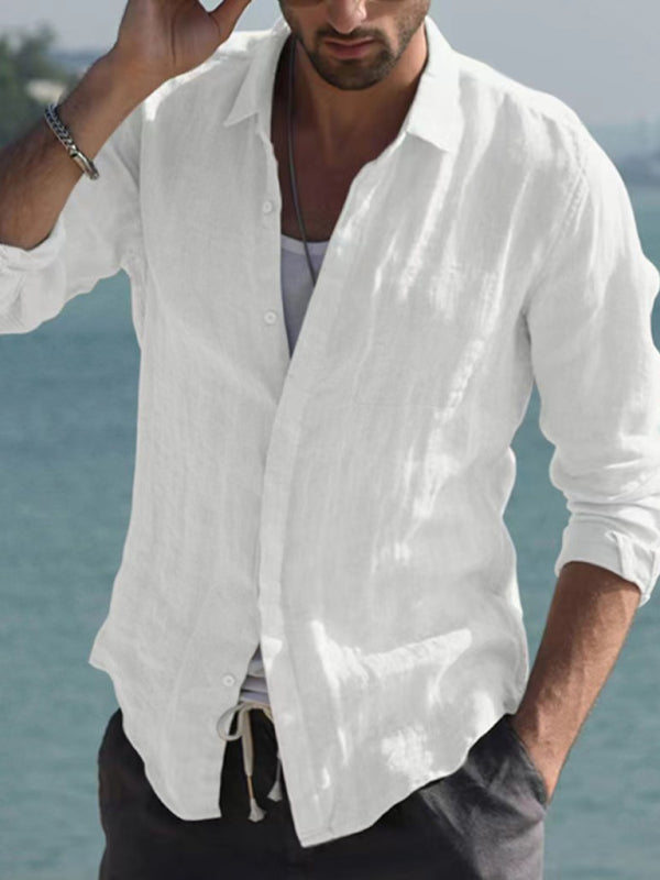 Men’s Casual Long Sleeve White Linen Button Down With Collar And Long Sleeves