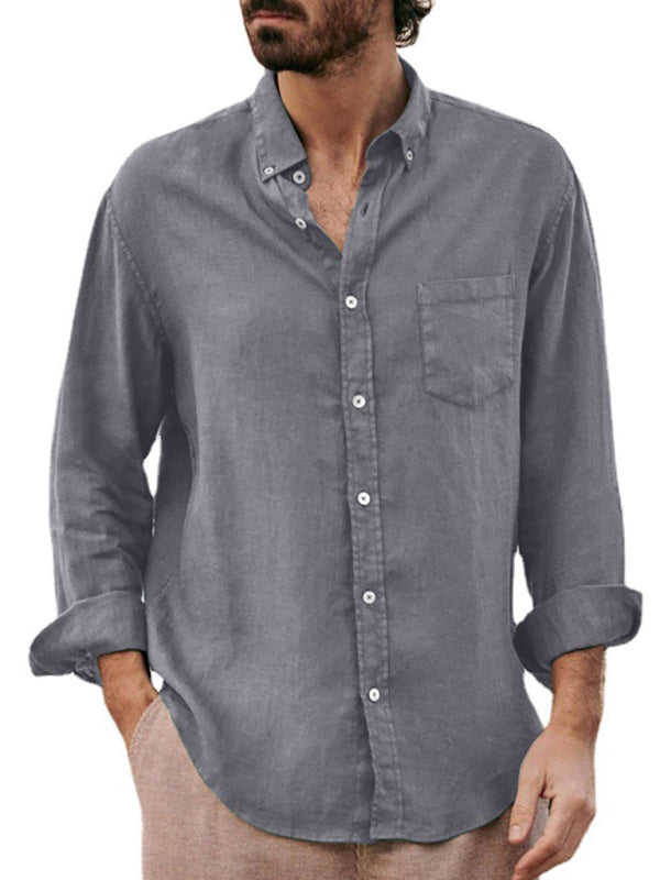 Men’s Fashionable Linen Collared Button Down Long Sleeve Shirt With Front Chest Pocket
