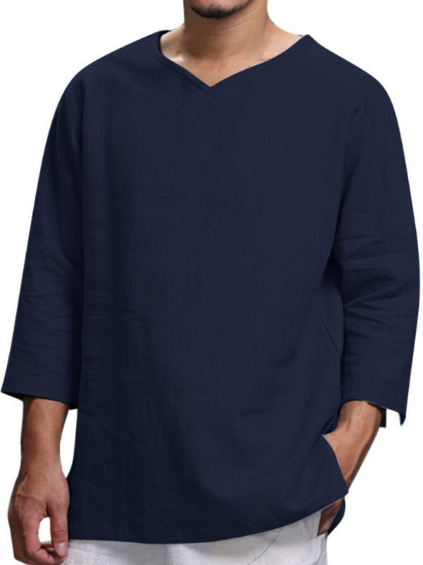 Men's Solid Color V Neck Slub Linen Three Quarter Sleeve Shirt