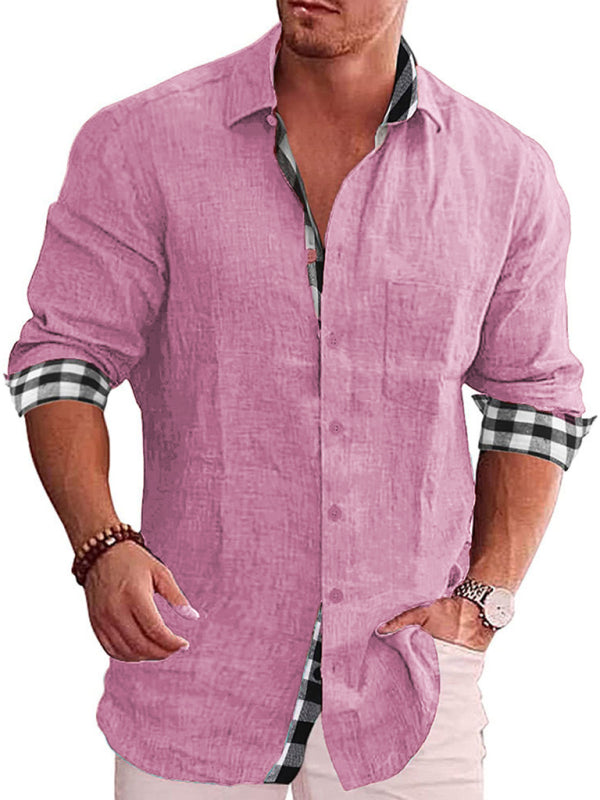 Casual Cotton Linen Shirt Men's Long Sleeve Plaid Stitching Shirt