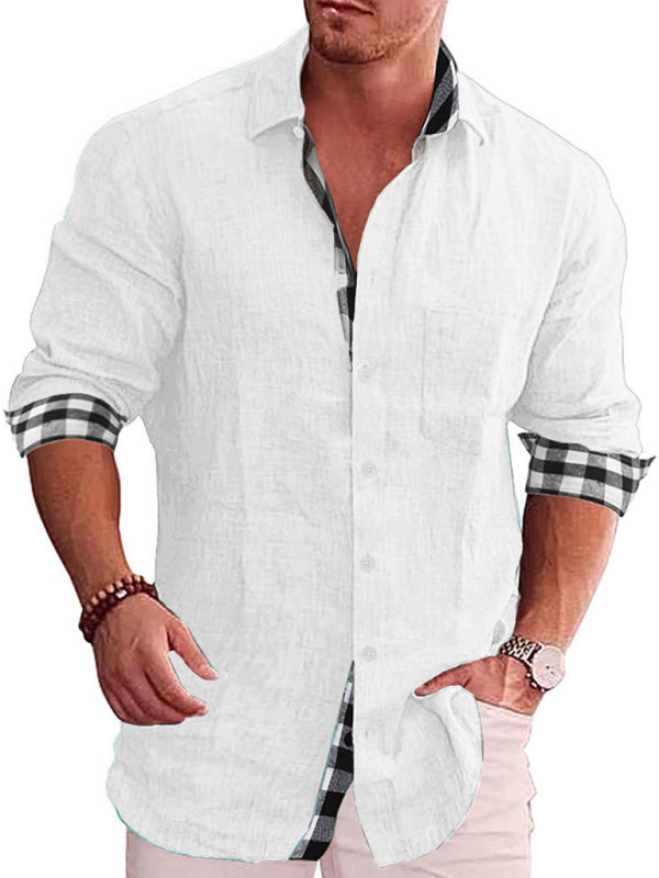 Casual Cotton Linen Shirt Men's Long Sleeve Plaid Stitching Shirt
