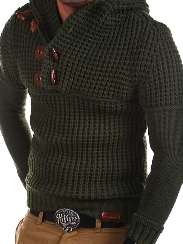 Men's Solid Color Lapel Collar Diagonal Button Horn Button Pullover Sweater