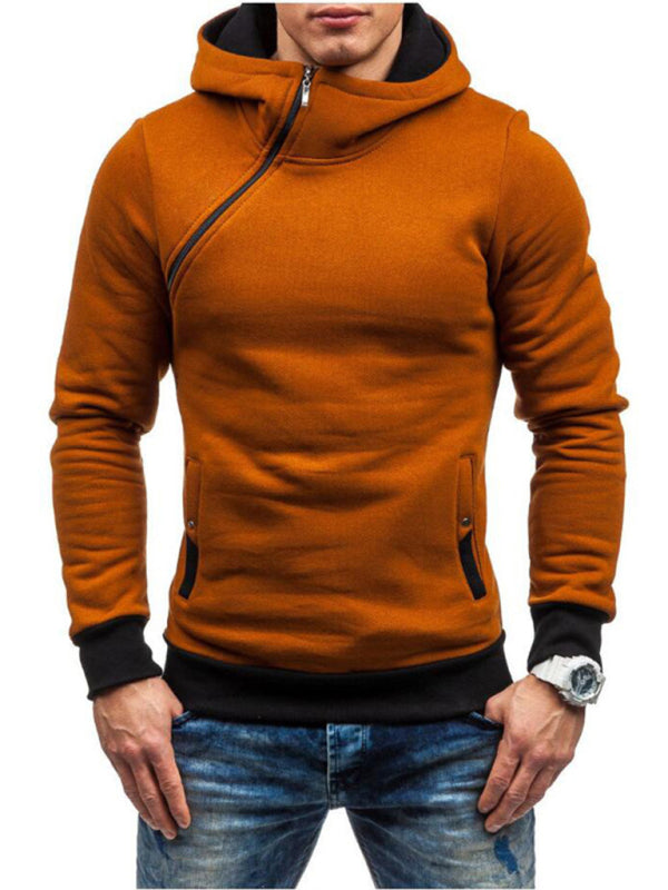 Men's diagonal zipper solid color long-sleeved hoodie