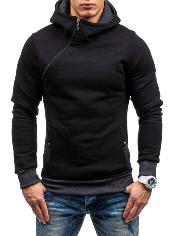 Men's diagonal zipper solid color long-sleeved hoodie