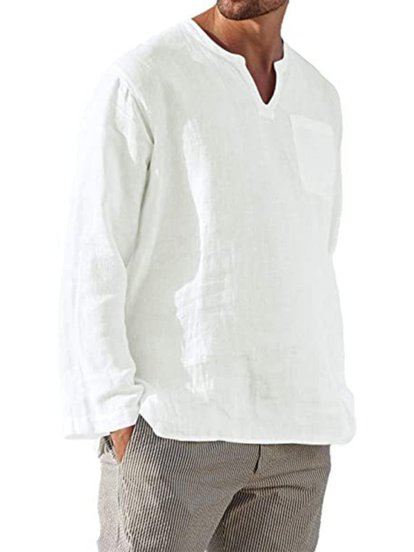 Men's Solid Color Linen Pullover Tunic Shirts