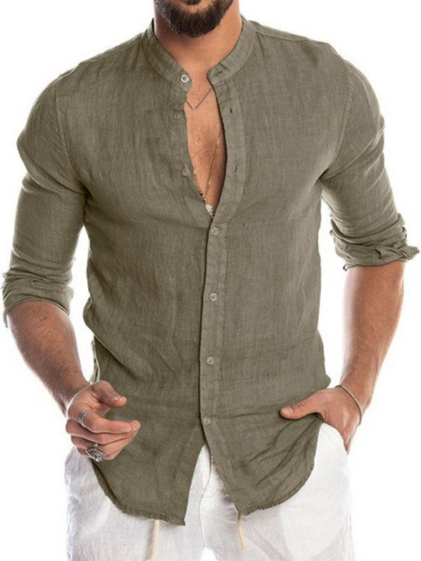 Men's Solid Color Band Collar Lined Button Up Shirt