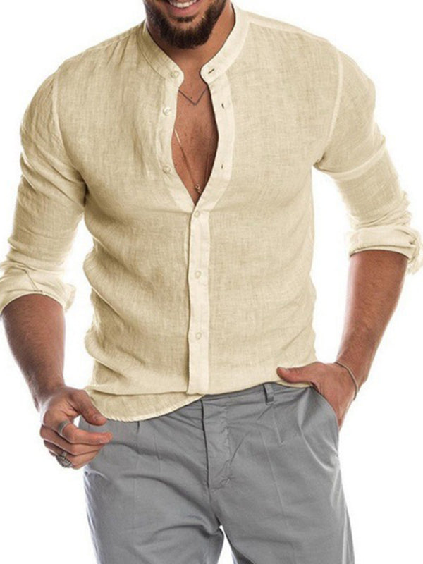 Men's Solid Color Band Collar Lined Button Up Shirt