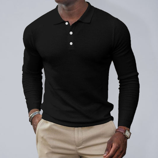 Men's solid-color button-down long-sleeve polo shirt
