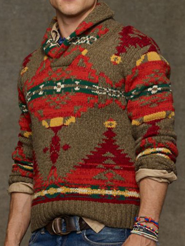Men's Regular Fit Shawl Collar Geometric Print Sweater Top