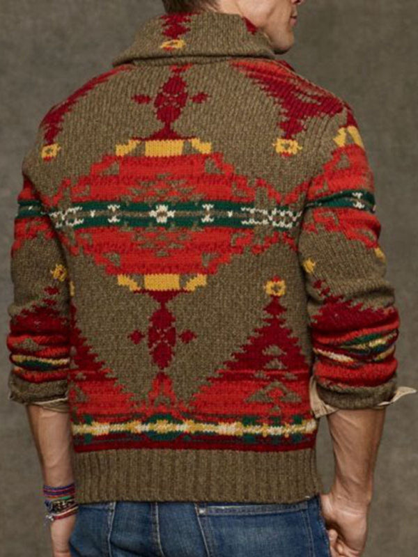 Men's Regular Fit Shawl Collar Geometric Print Sweater Top