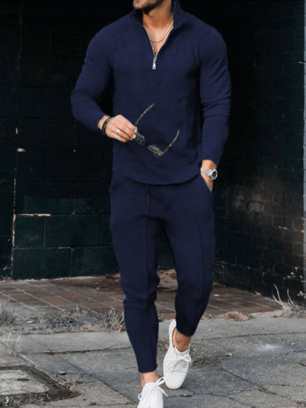 Men's Textured Casual Half Zipper Stand Collar Suits