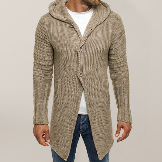 Men's solid color casual long hooded cardigan