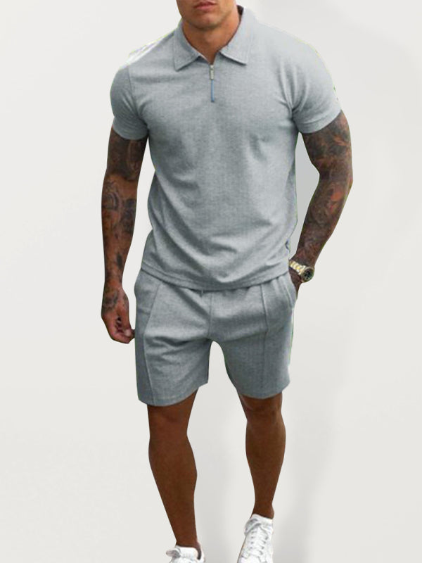 Men's casual zipper polo short-sleeved T-shirt + shorts two-piece set