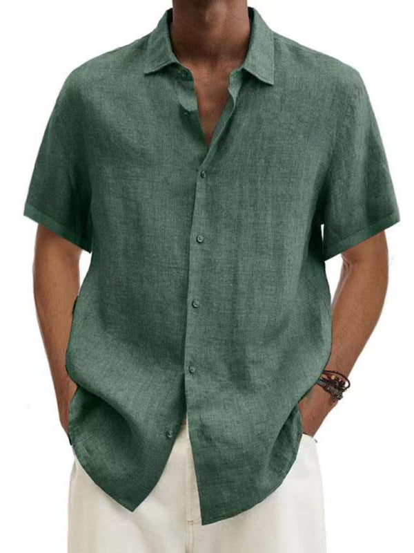 Men's Solid Color Linen Short Sleeve Button-down Shirt