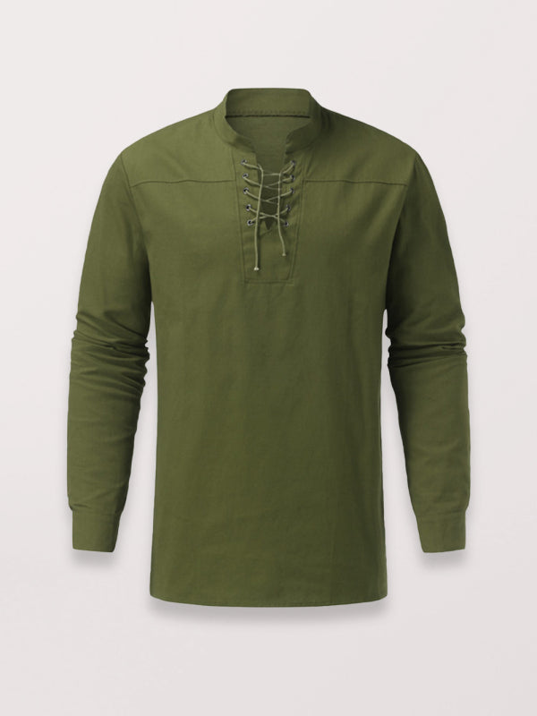 Men's Woven Retro Lace Up Casual Long Sleeve Shirt with Stand Collar